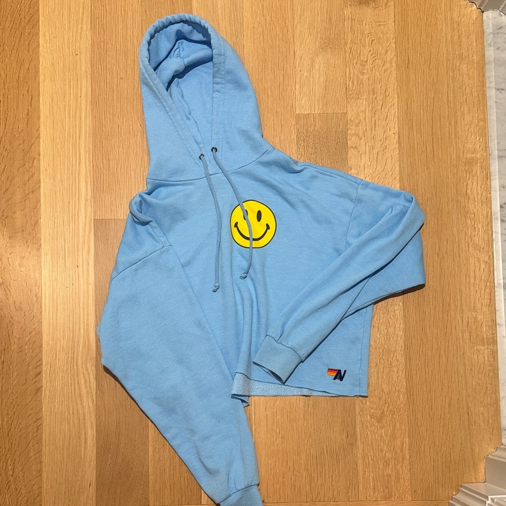 Aviator Nation Light Blue Hoodie with Yellow Smiley